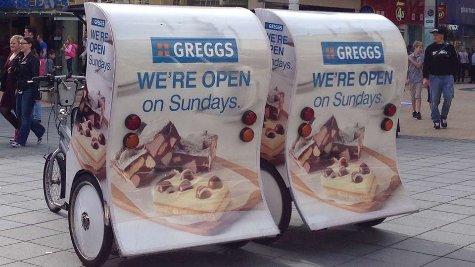 Greggs Pedicabs campaign for store support along the high street