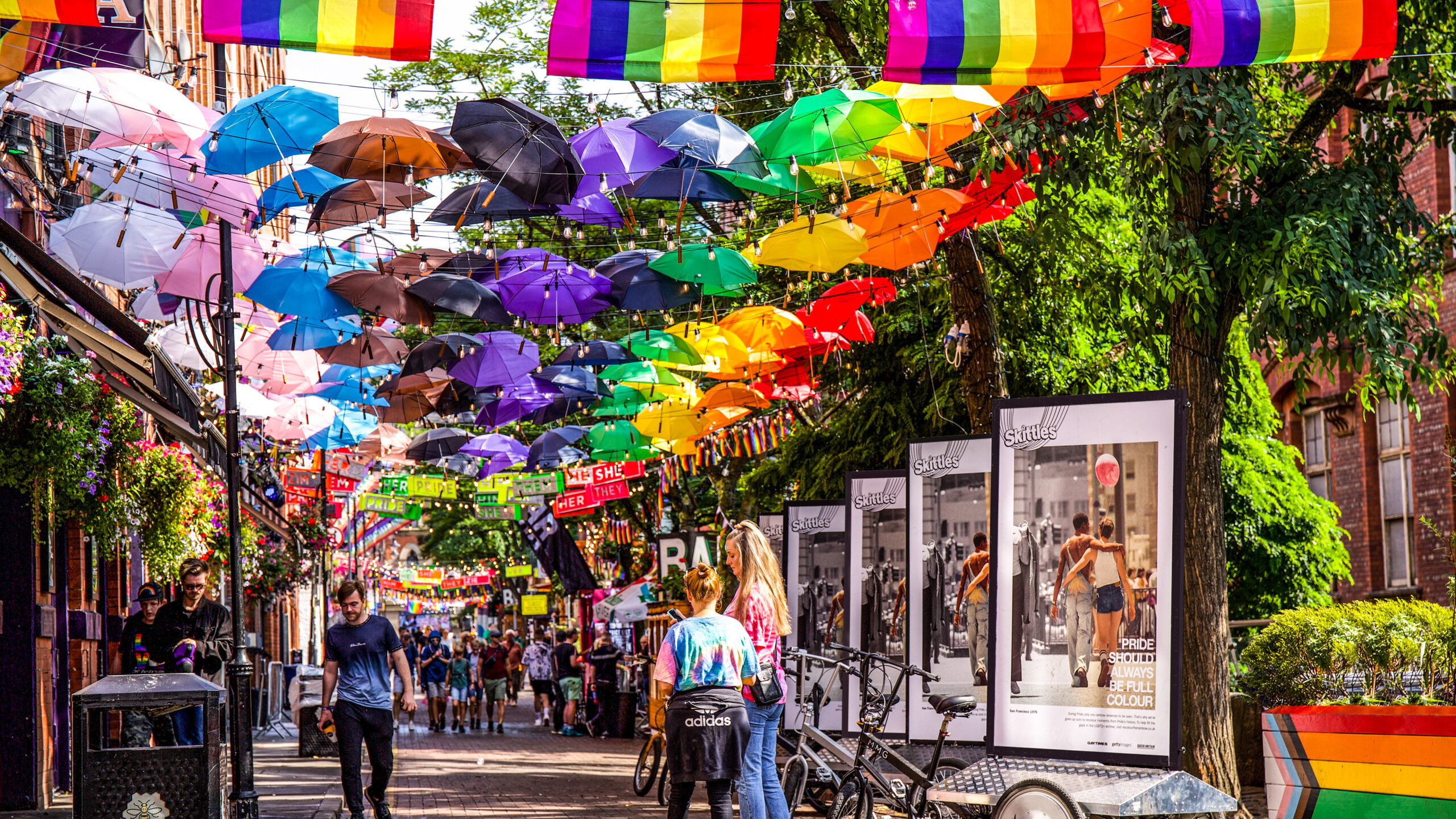 Rainbow Umbrellas over a pedestrian walkway for Pride